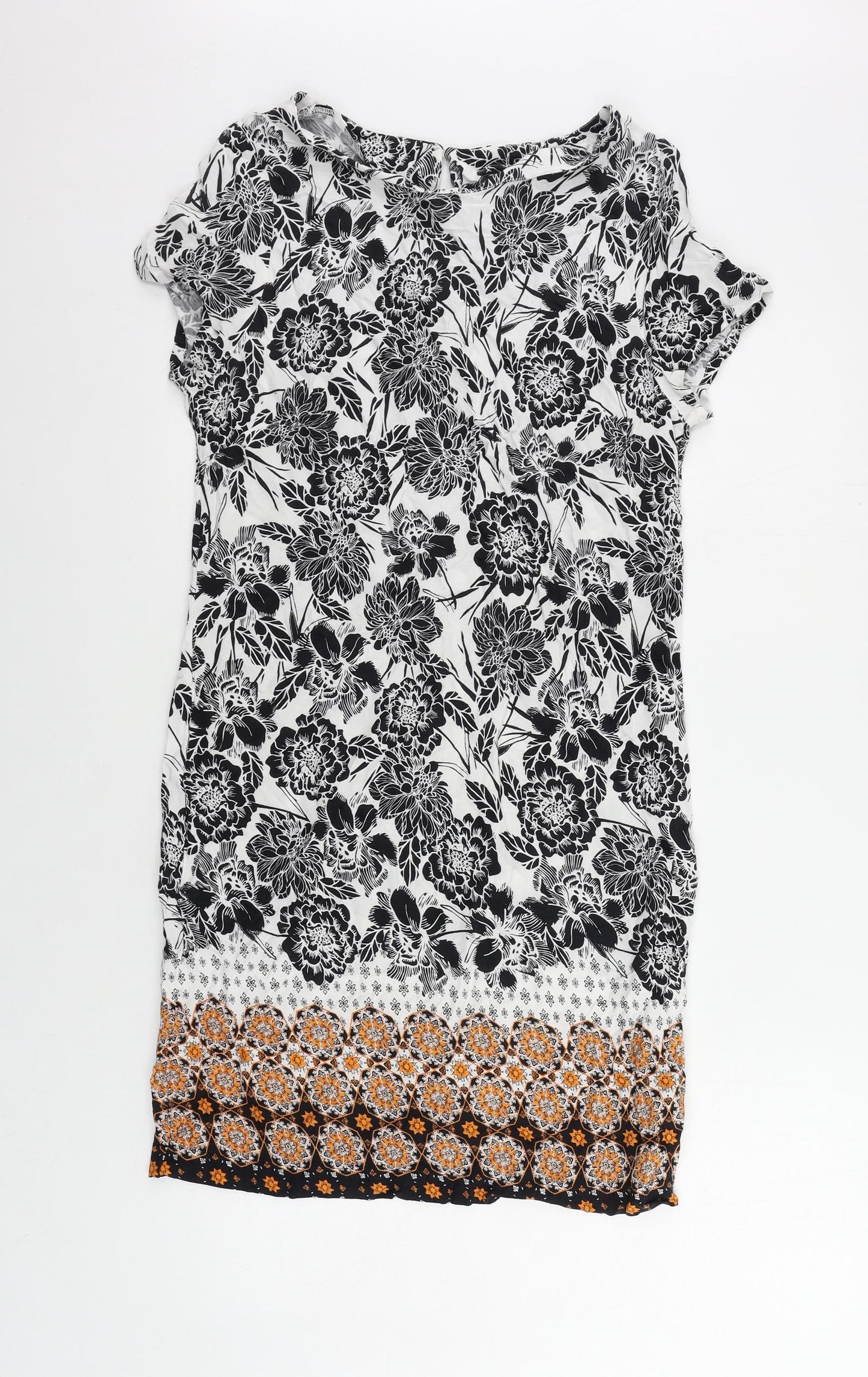 M&Co Womens White Floral Viscose Shift Size 10 Round Neck Button