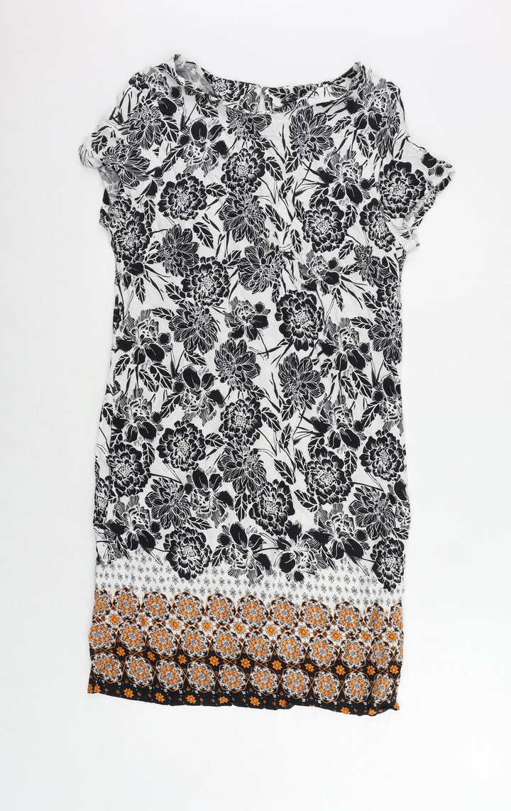 M&Co Womens White Floral Viscose Shift Size 10 Round Neck Button