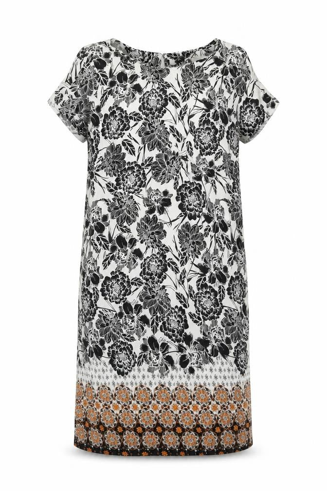 Front view of M&Co women’s white floral viscose shift, size UK 10, round neck button