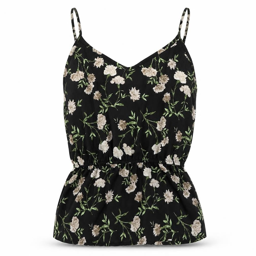 FOREVER 21 Womens Black Floral Polyester Camisole Tank Size M V-Neck
