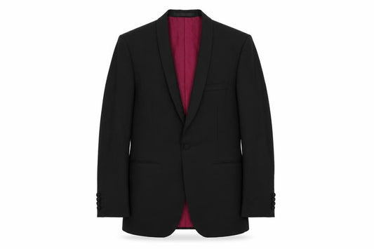 Front view of Marks & Spencer men’s black polyester tuxedo suit jacket, size 40, regular