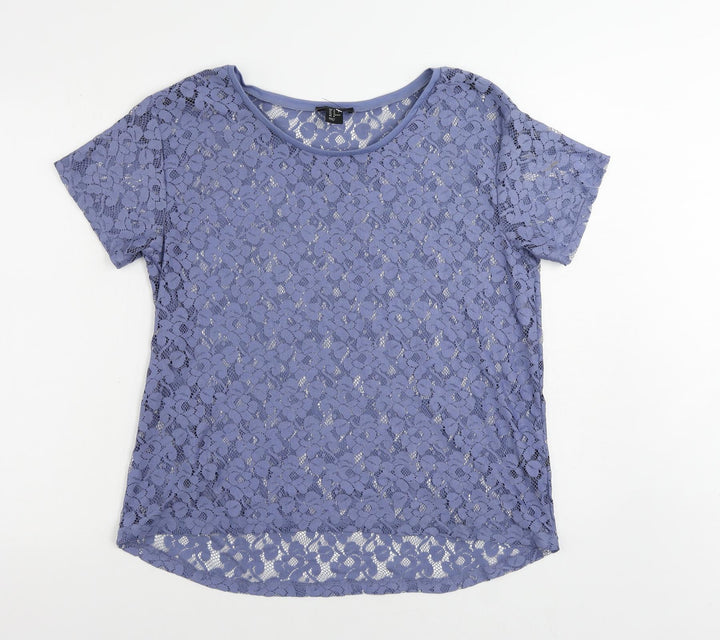 H&M Womens Blue Polyester Basic T-Shirt Size M Boat Neck - Sheer