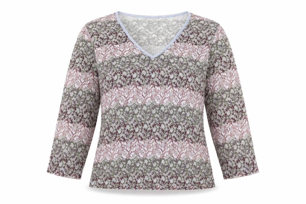 Front view of M&Co women’s multicoloured geometric nylon basic blouse, size UK 14, v-neck - sheer