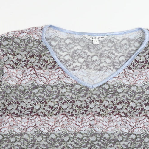 M&Co Womens Multicoloured Geometric Nylon Basic Blouse Size 14 V-Neck - Sheer