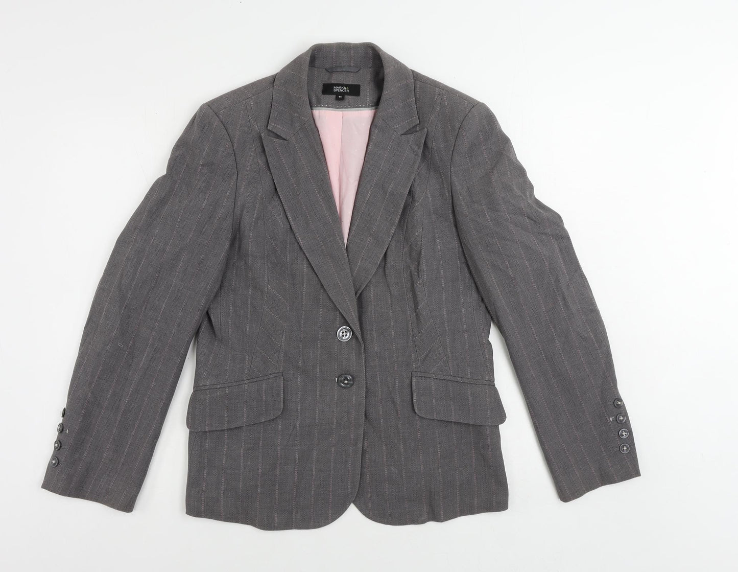 Marks and Spencer Womens Grey Striped Jacket Blazer Size 14 Button