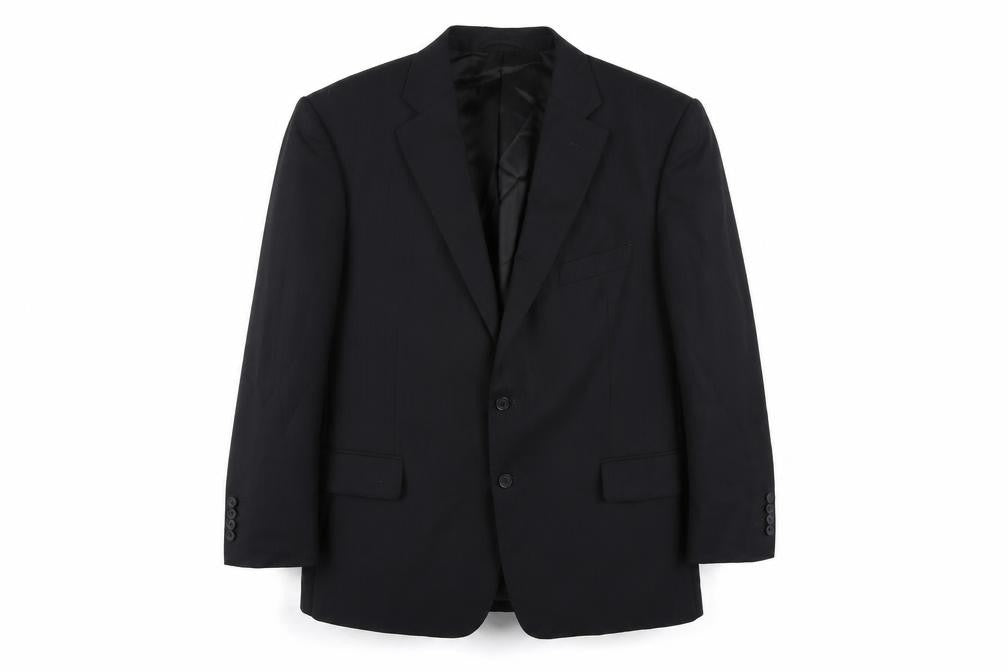 Front view of Frank Rostron men’s black striped wool jacket suit jacket, size 44, regular