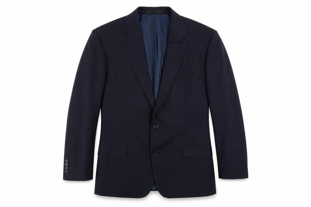 Front view of Marks & Spencer men’s blue striped wool jacket suit jacket, size 44, regular