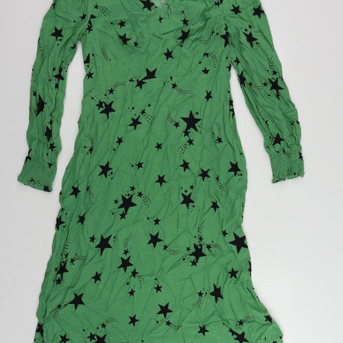 Marks and Spencer Womens Green Geometric Viscose A-Line Size 10 V-Neck Zip