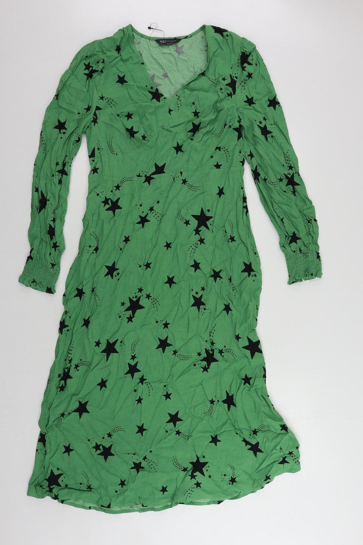 Marks and Spencer Womens Green Geometric Viscose A-Line Size 10 V-Neck Zip