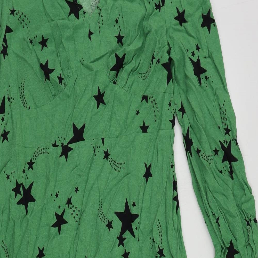 Marks and Spencer Womens Green Geometric Viscose A-Line Size 10 V-Neck Zip