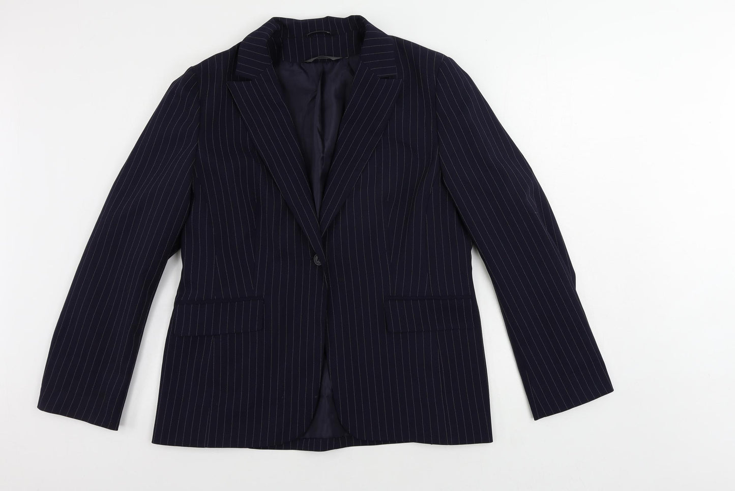 Essentials Womens Blue Striped Jacket Blazer Size 16 Button