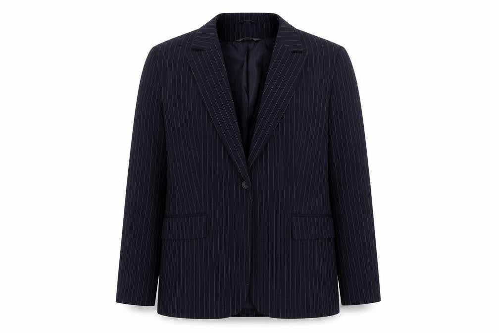 Front view of Essentials women’s blue striped jacket blazer, size UK 16, button