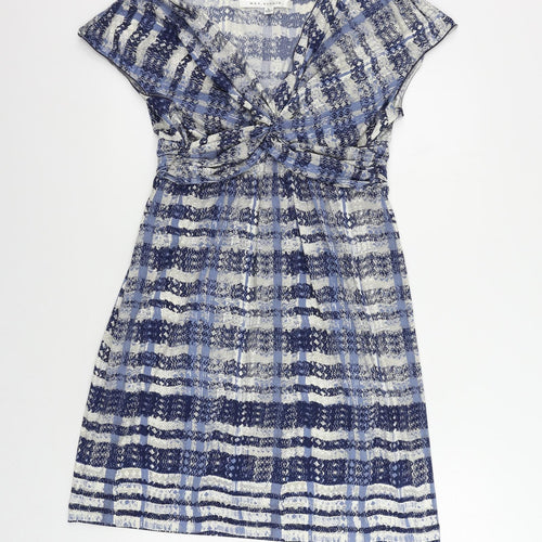 Max Studio Womens Blue Geometric Polyester A-Line Size L V-Neck Pullover