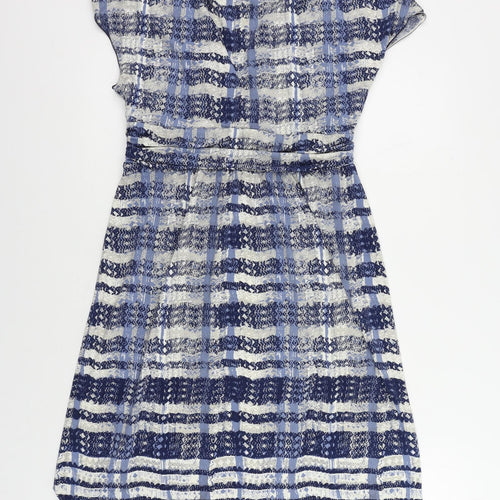 Max Studio Womens Blue Geometric Polyester A-Line Size L V-Neck Pullover