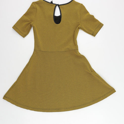 H&M Womens Yellow Geometric Polyester Skater Dress Size 6 Round Neck Button