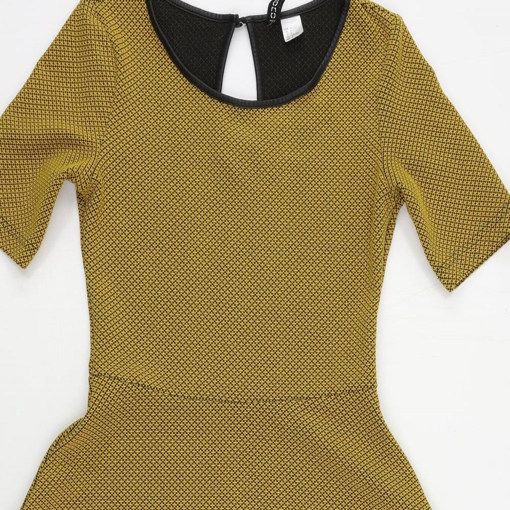 H&M Womens Yellow Geometric Polyester Skater Dress Size 6 Round Neck Button