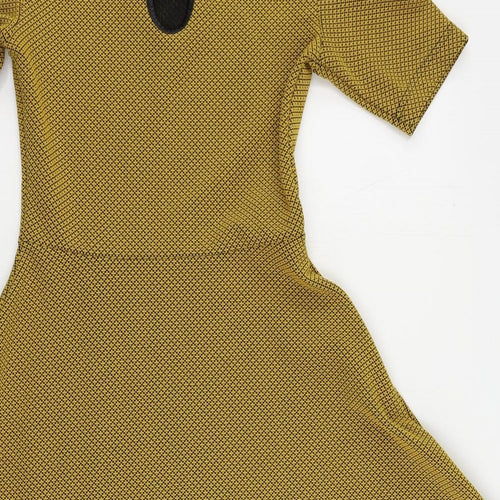 H&M Womens Yellow Geometric Polyester Skater Dress Size 6 Round Neck Button