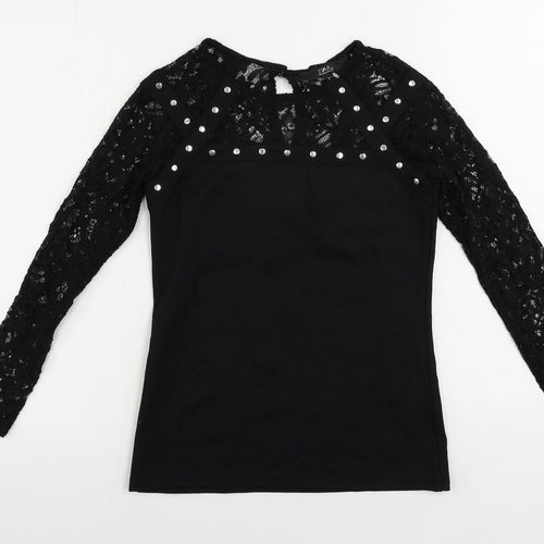 Julien Macdonald Womens Black Viscose Basic Blouse Size 8 Round Neck - Lace Sleeves