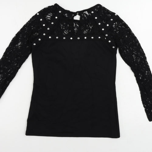 Julien Macdonald Womens Black Viscose Basic Blouse Size 8 Round Neck - Lace Sleeves