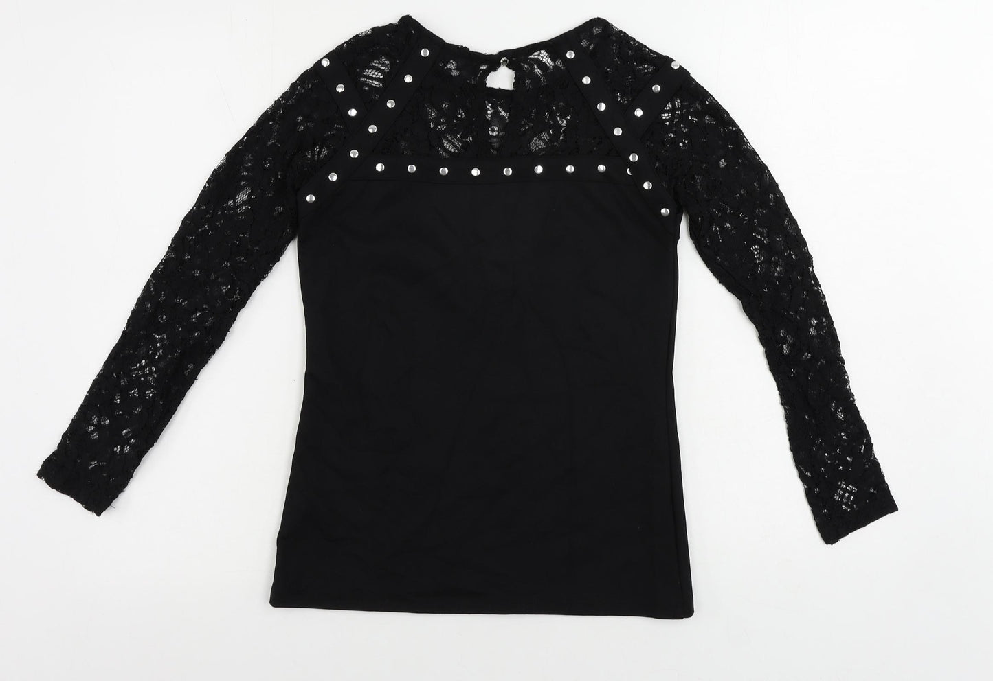 Julien Macdonald Womens Black Viscose Basic Blouse Size 8 Round Neck - Lace Sleeves