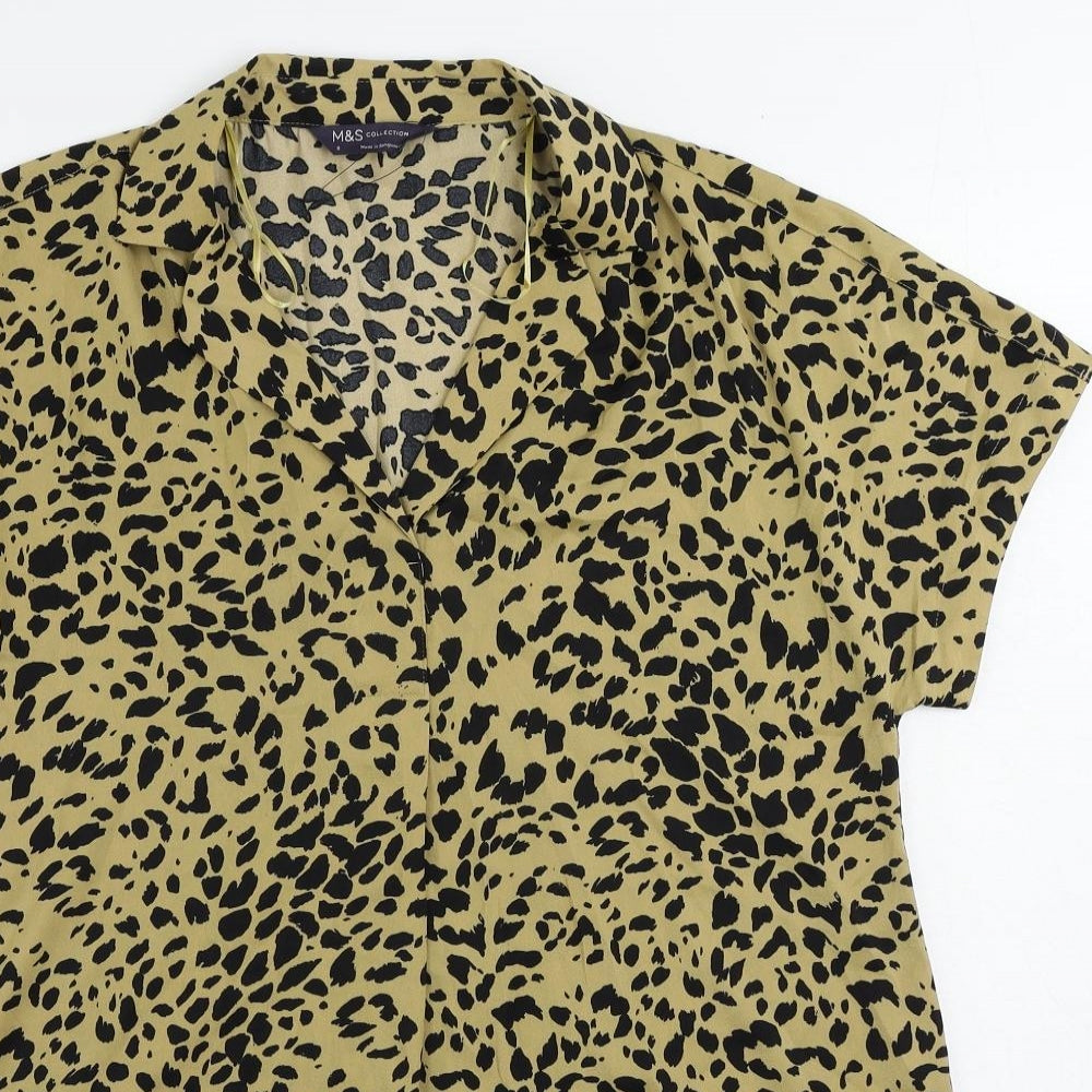 Marks and Spencer Womens Brown Animal Print Polyester Tunic Blouse Size 8 Collared