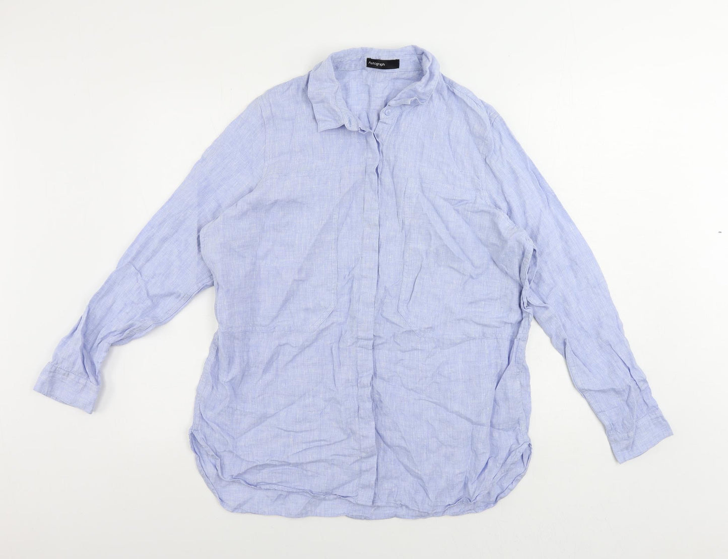 Autograph Womens Blue Linen Basic Button-Up Size 16 Collared