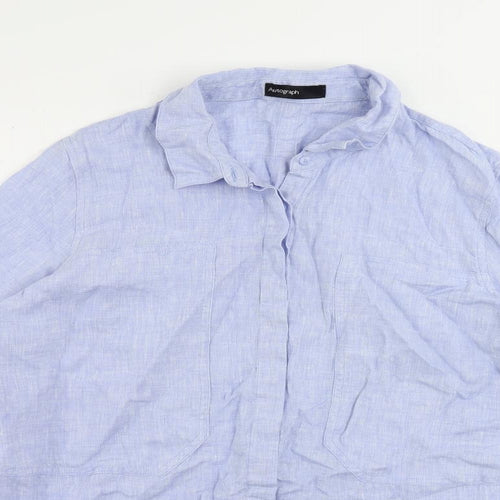 Autograph Womens Blue Linen Basic Button-Up Size 16 Collared