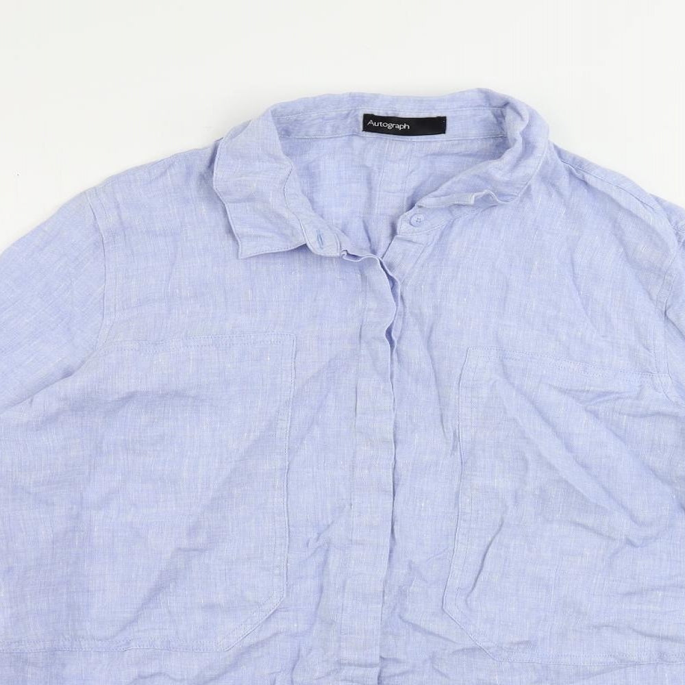 Autograph Womens Blue Linen Basic Button-Up Size 16 Collared