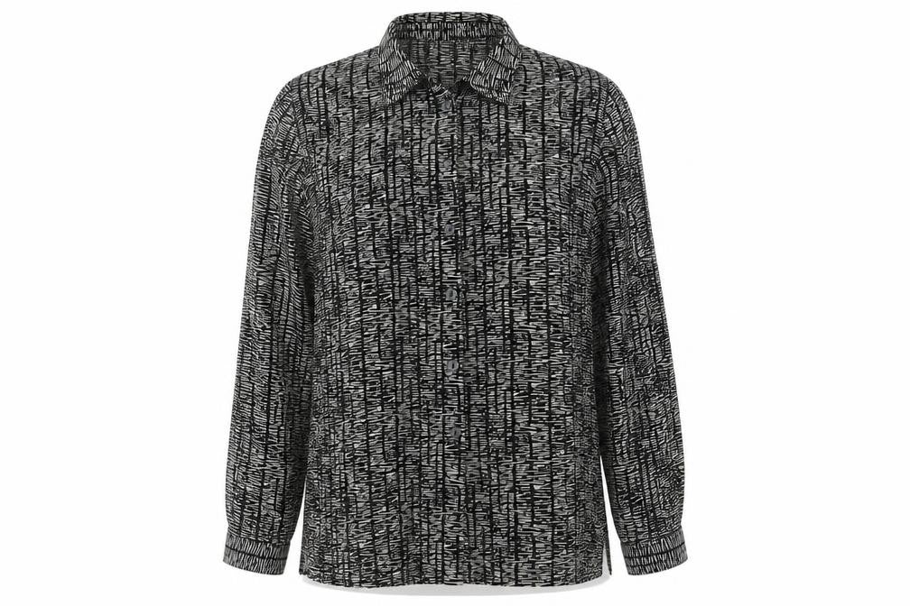 Front view of BHS women’s black geometric polyester basic button-up, size UK 12, collared