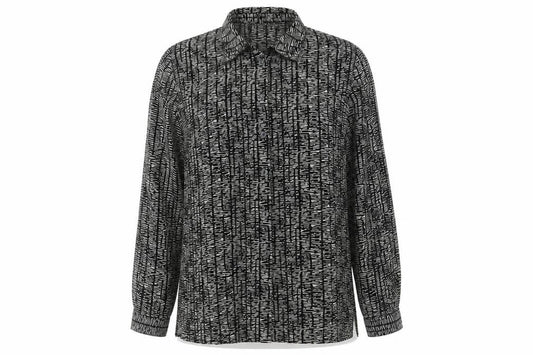 Front view of BHS women’s black geometric polyester basic button-up, size UK 12, collared
