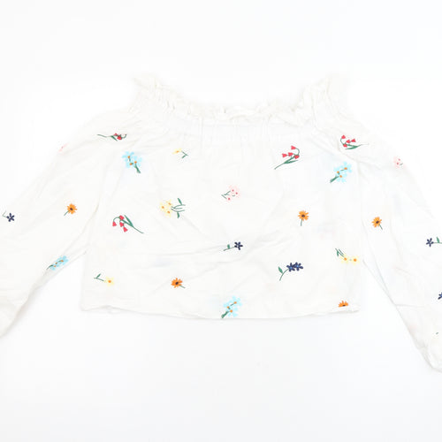 Topshop Womens White Floral 100% Cotton Cropped Blouse Size 6 Off the Shoulder - Embroidered Flowers