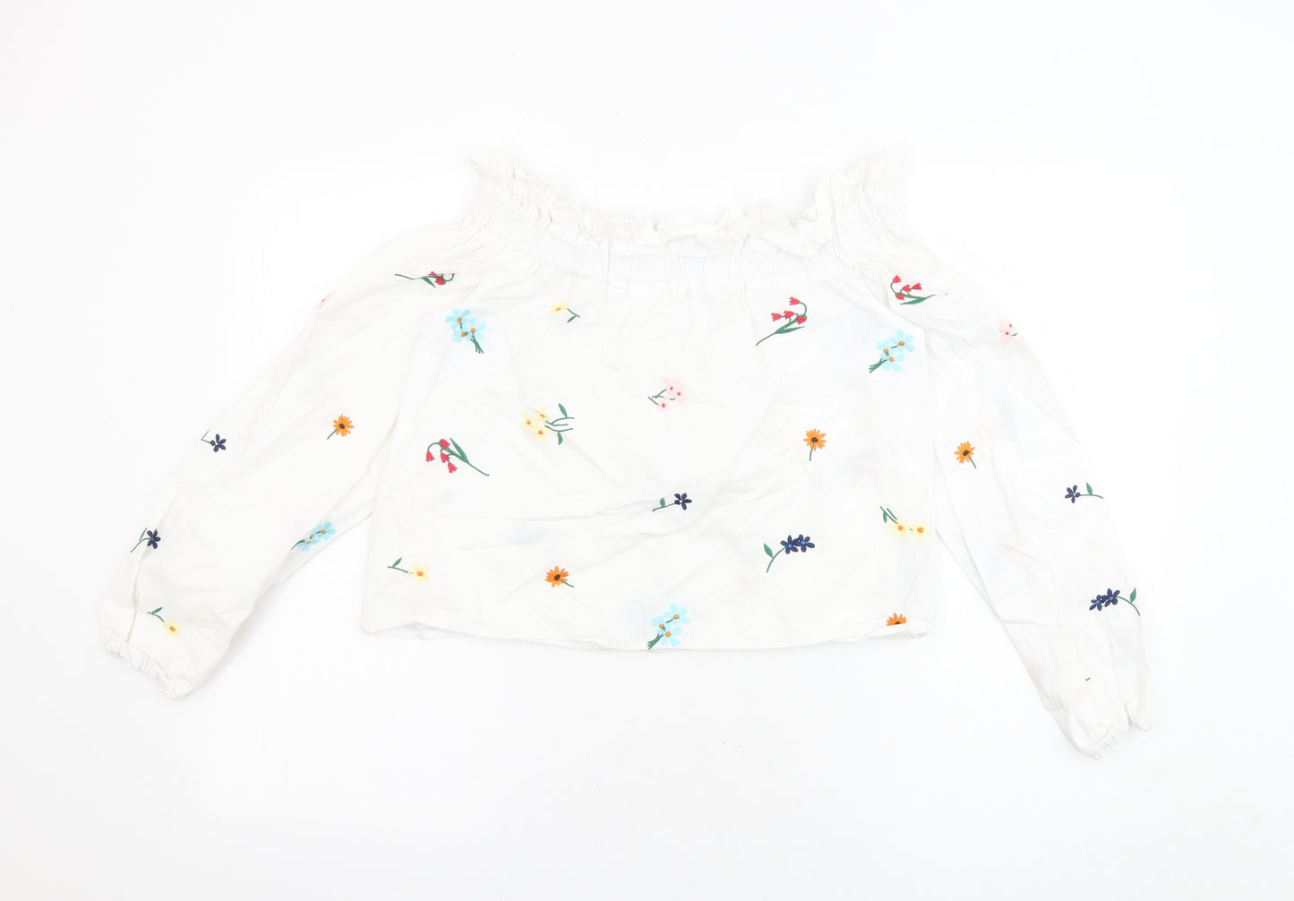 Topshop Womens White Floral 100% Cotton Cropped Blouse Size 6 Off the Shoulder - Embroidered Flowers
