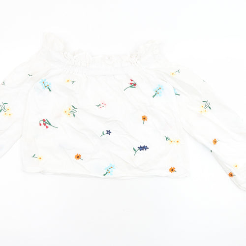 Topshop Womens White Floral 100% Cotton Cropped Blouse Size 6 Off the Shoulder - Embroidered Flowers