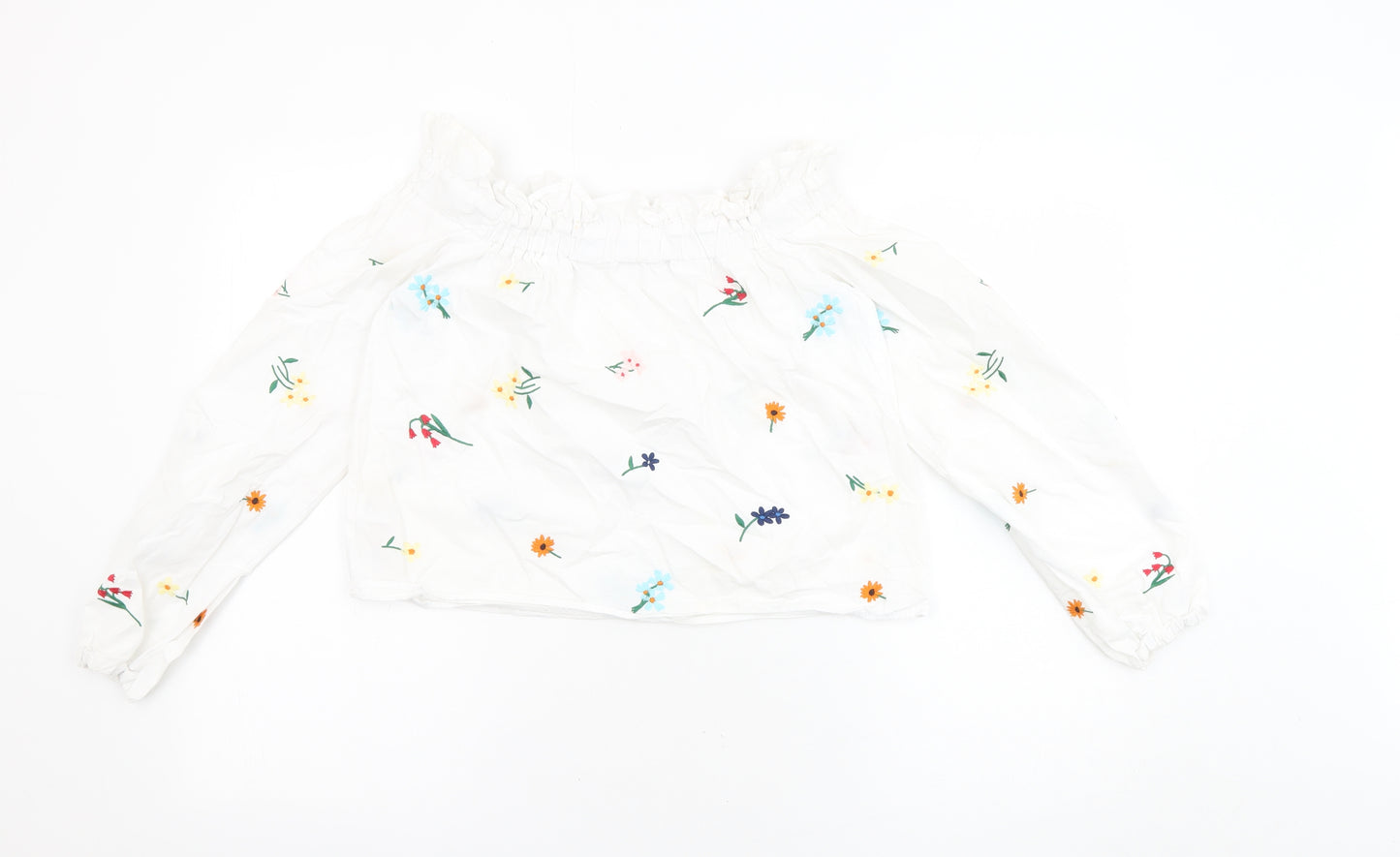 Topshop Womens White Floral 100% Cotton Cropped Blouse Size 6 Off the Shoulder - Embroidered Flowers