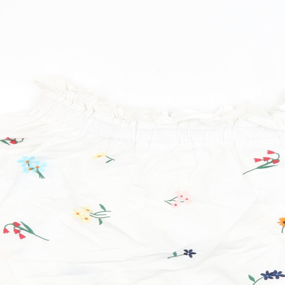 Topshop Womens White Floral 100% Cotton Cropped Blouse Size 6 Off the Shoulder - Embroidered Flowers