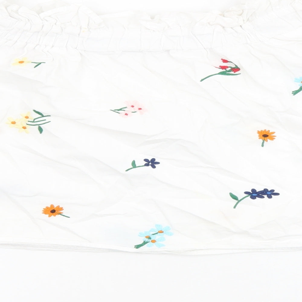 Topshop Womens White Floral 100% Cotton Cropped Blouse Size 6 Off the Shoulder - Embroidered Flowers