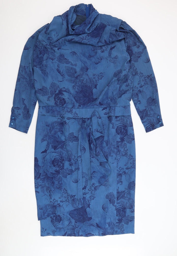 Von Gassler Womens Blue Floral Polyester A-Line Size 12 Cowl Neck Zip - Vintage