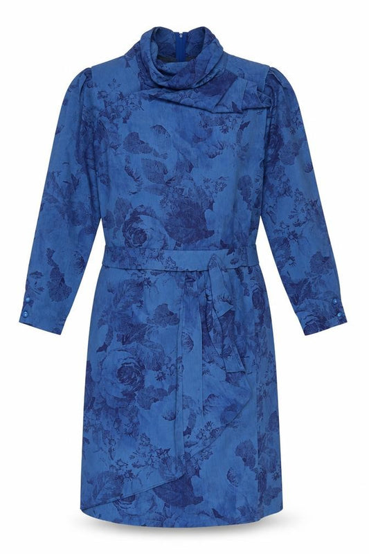 Front view of Von Gassler women’s blue floral polyester a-line, size UK 12, cowl neck zip - vintage