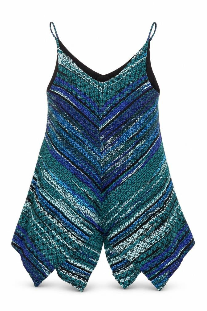 Front view of Apricot women’s multicoloured geometric viscose basic tank, size UK 12, v-neck - asymmetric hem