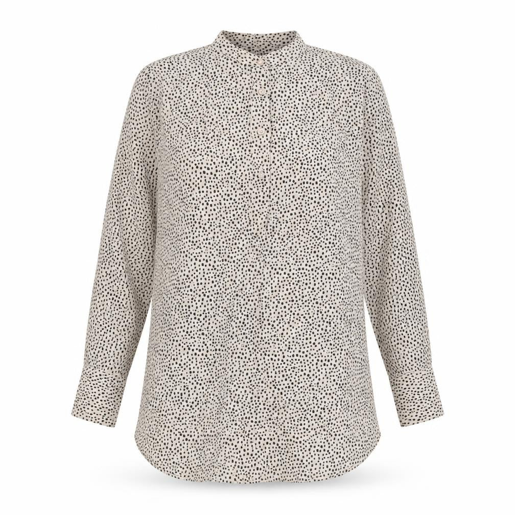 Front view of Marks & Spencer women’s beige geometric polyester basic button-up, size UK 14, v-neck - sheer