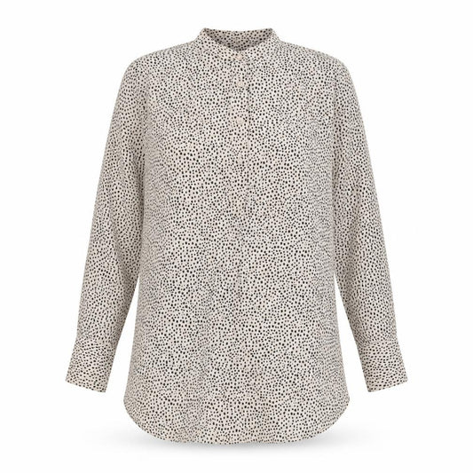 Front view of Marks & Spencer women’s beige geometric polyester basic button-up, size UK 14, v-neck - sheer