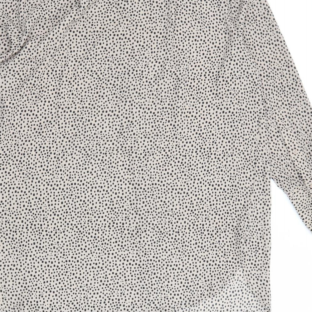 Marks and Spencer Womens Beige Geometric Polyester Basic Button-Up Size 14 V-Neck - Sheer