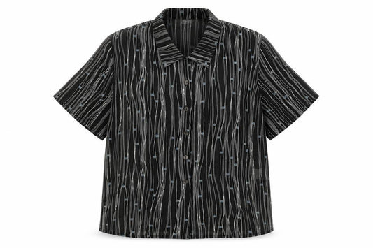 Front view of ELVI women’s black geometric polyester basic button-up, size UK 18, collared - sheer
