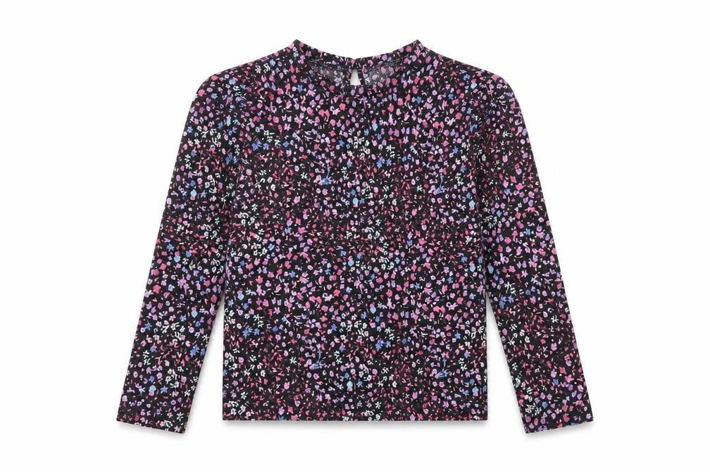 Front view of Dunnes girls’ black floral polyester basic blouse, size 4-5, years round neck button