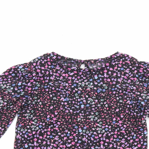 Dunnes Stores Girls Black Floral Polyester Basic Blouse Size 4-5 Years Round Neck Button