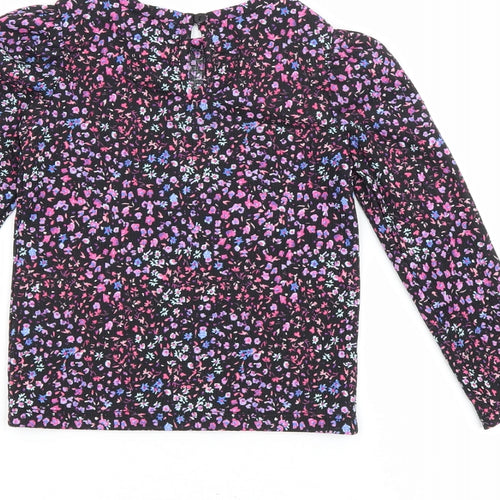 Dunnes Stores Girls Black Floral Polyester Basic Blouse Size 4-5 Years Round Neck Button