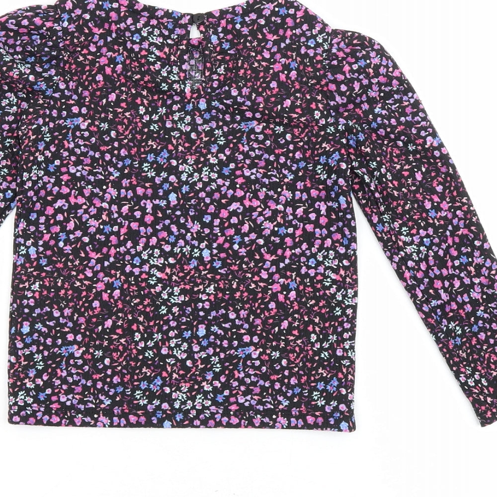 Dunnes Stores Girls Black Floral Polyester Basic Blouse Size 4-5 Years Round Neck Button