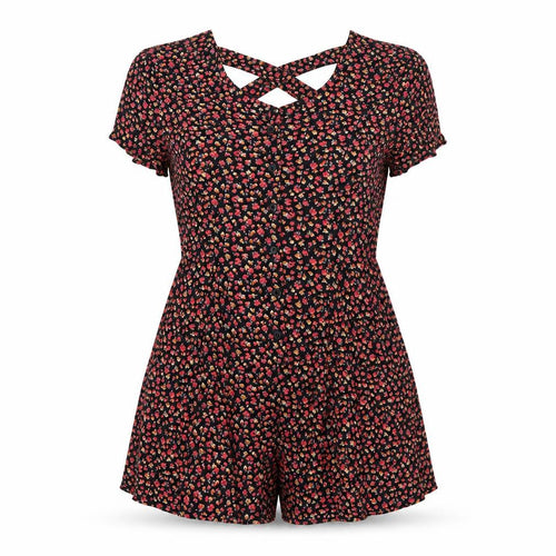 Lucca Couture Womens Black Floral 100% Viscose Playsuit One-Piece Size M Button - Cut Out Detail