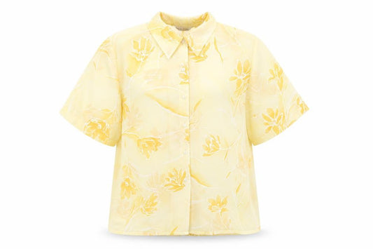 Front view of Angelo Vincits women’s yellow floral polyester basic button-up, size UK 18, collared - sheer