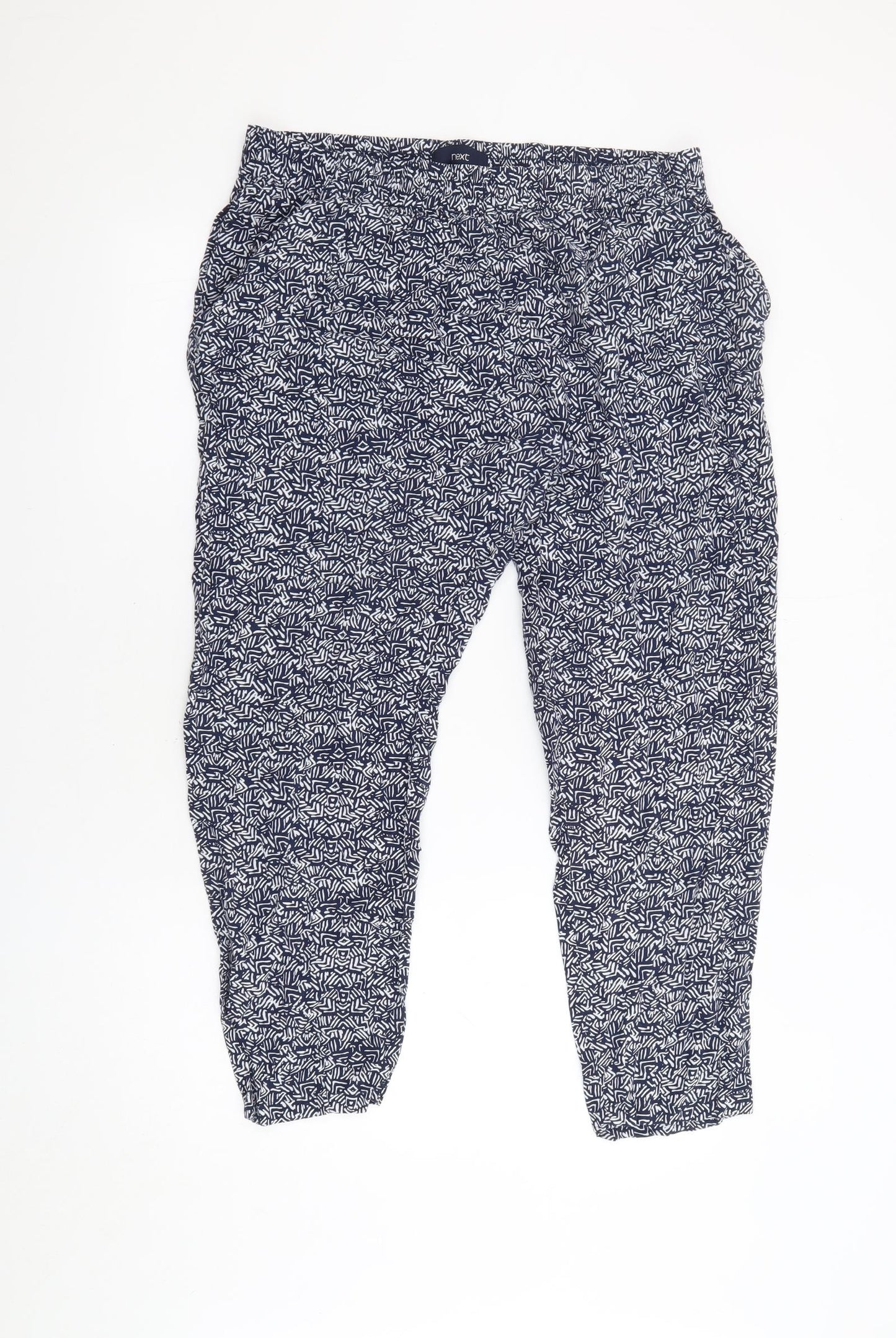 NEXT Womens Blue Geometric Polyester Trousers Size 14 L26 in Regular - Elasticated Waist Pockets